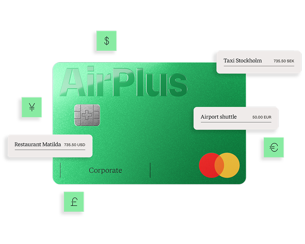 AirPlus Firmenkarte, umgeben von Reise- und Ausgabenposten in verschiedenen Währungen.
