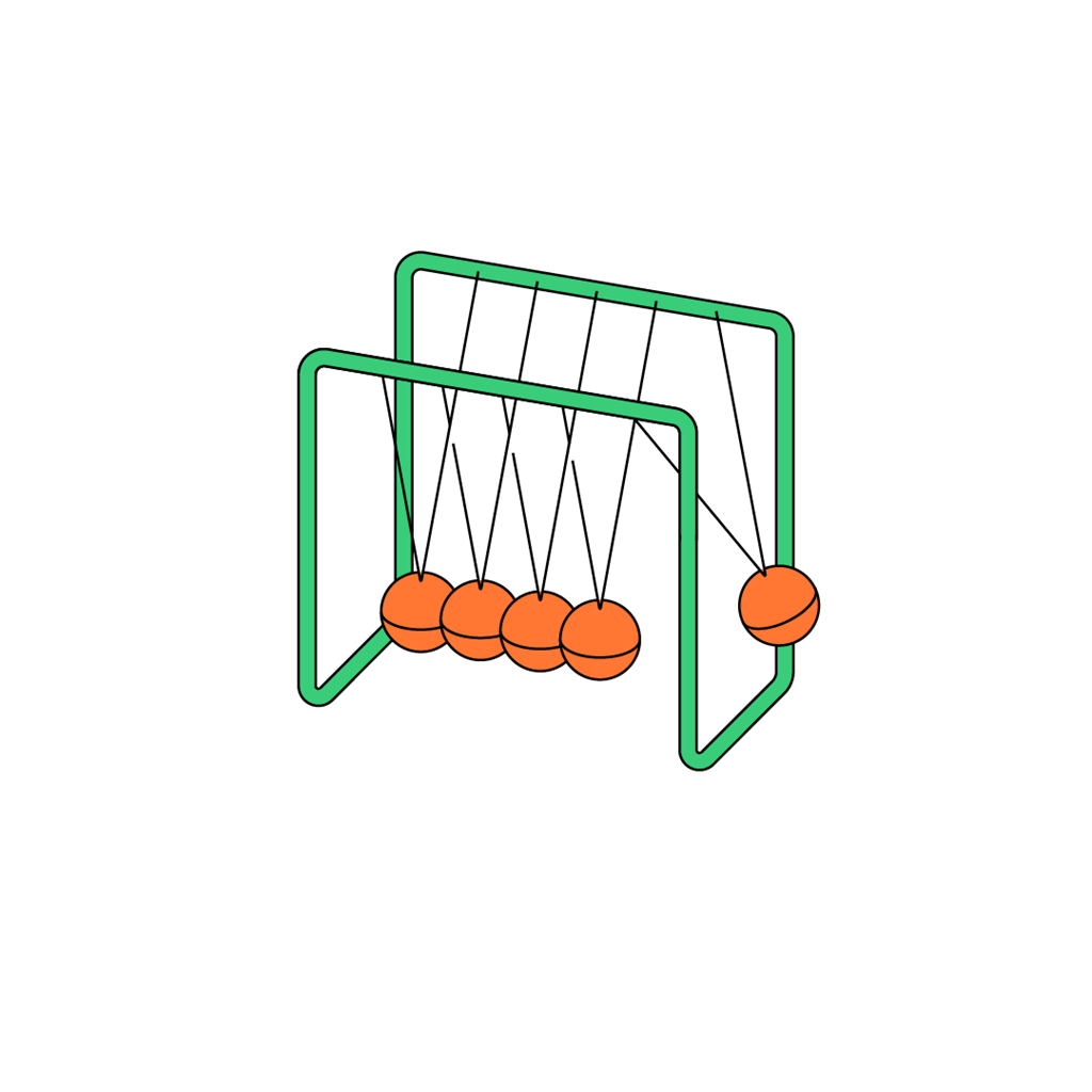 Illustration eines grünen Newton-Pendels mit orangefarbenen Kugeln, das Gleichgewicht und Bewegung symbolisiert.