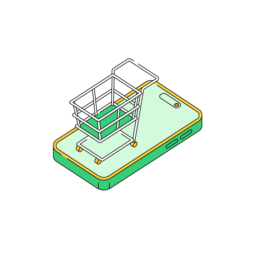 Illustration of a shopping cart placed on a smartphone, symbolizing digital and virtual payments.