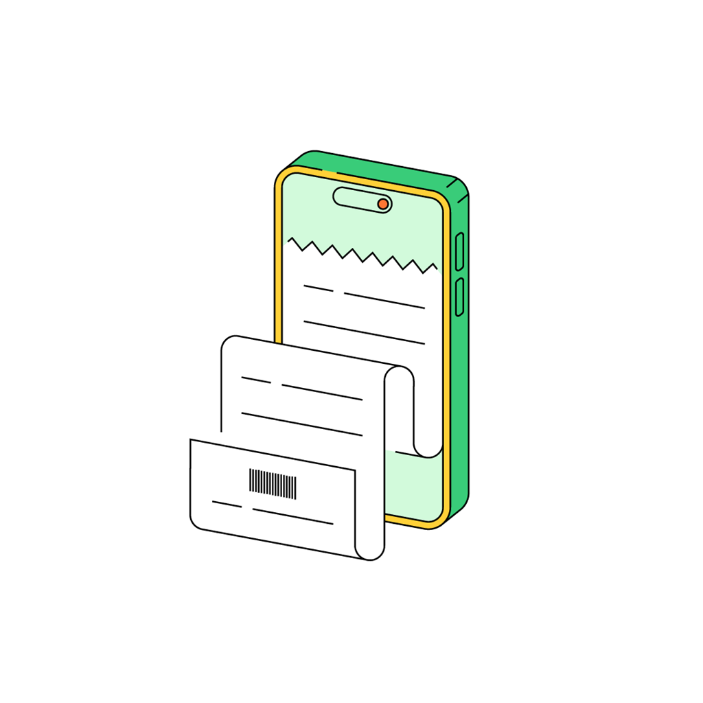 Illustration of a smartphone with a digital receipt and a paper receipt in front