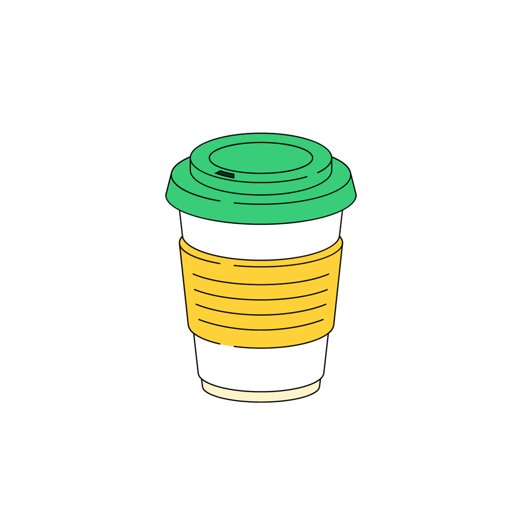 Illustration eines Coffee-to-go-Bechers mit grünem Deckel und gelber Manschette.